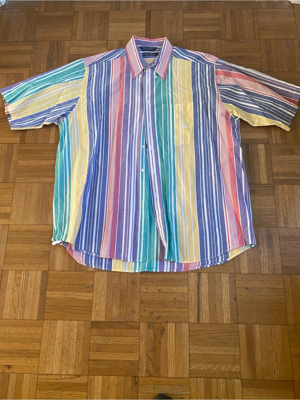 Vintage 90s Nautica Multicolor Striped Button Down Short Sleeve Shirt Mens XL